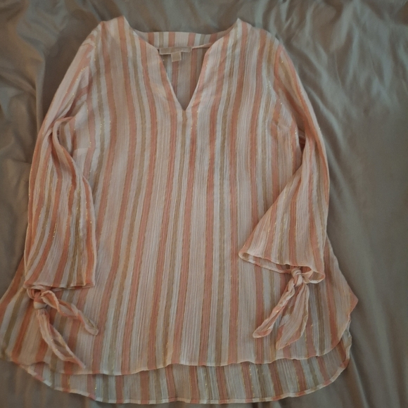 Michael Kors Women's Striped Sheer Pink, White, and Tan Blouse - Picture 4 of 6